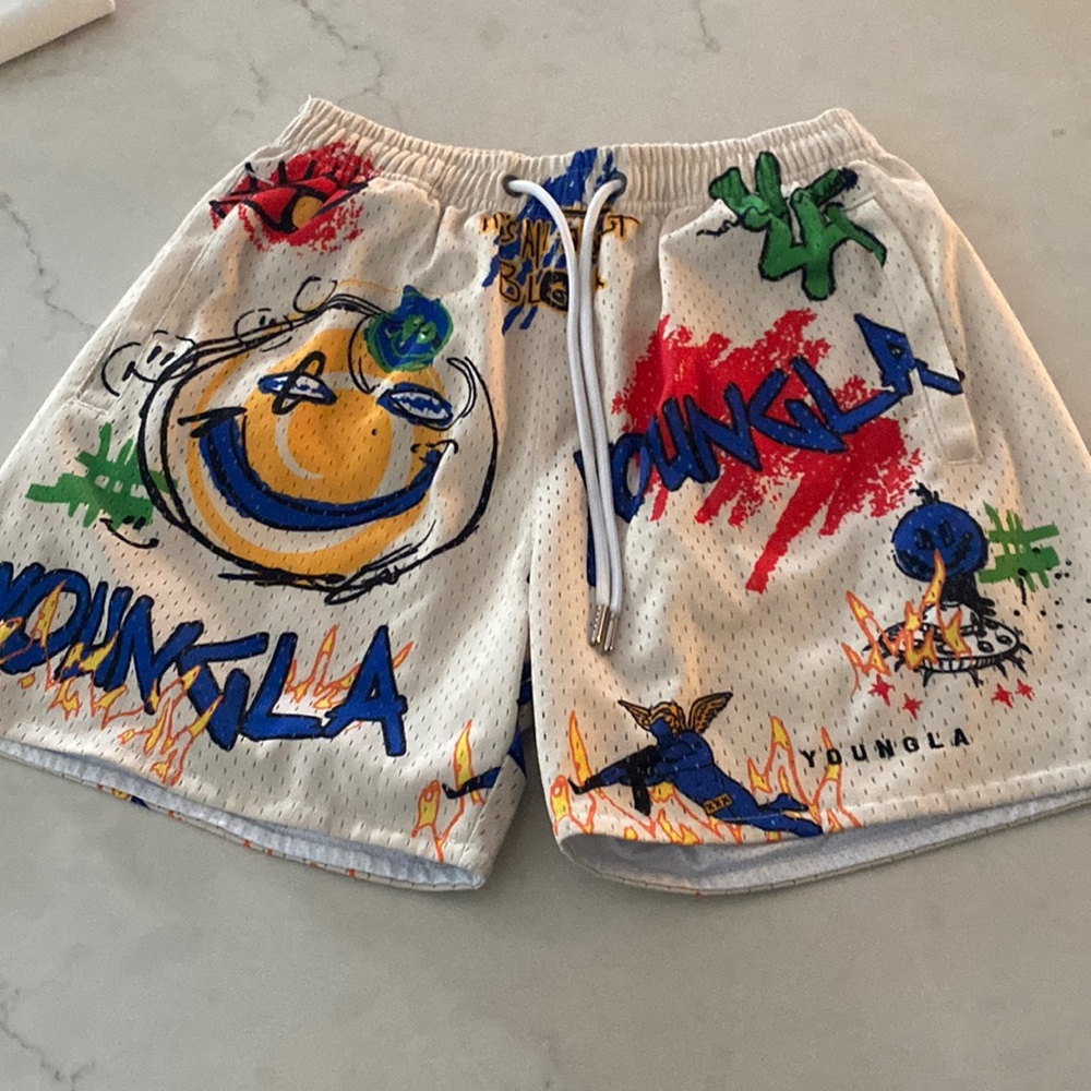 YoungLA White Graphic Athletic Shorts with Blue, Yellow, Red & Green Accents